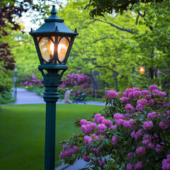 Glowing lantern illuminates a peaceful park path lined with lush greenery and vibrant pink rhododendrons in the soft light.