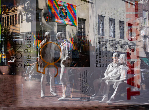 Multiple exposure overlay of photos taken at the Stonewall National Monument in Christopher Park, site of the 1969 LGBTQ uprising against police.  Sept 9. 2019 park service, social issue, government, 