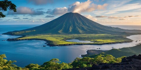 Majestic panoramic view from a volcano showcasing a lush island landscape and serene waters under a vibrant sky with space for text.
