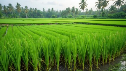 Obraz premium Lush Green Rice Field Landscape with Abundant Vegetation and Open Space for Text and Design Elements