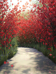 Fototapeta premium Pathway beneath a canopy of red blossoms, petals drifting to the ground in a tranquil, sun-dappled scene.