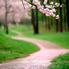 A winding path through a park, lined with green grass, and cherry blossoms overhead.