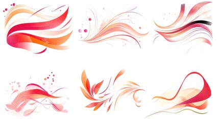 Six abstract red and orange floral design elements on white background.