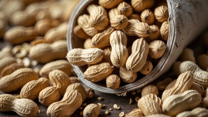 Obraz premium Close-up of an abundance of peanuts in their shells spilling from a rustic container on a wooden surface