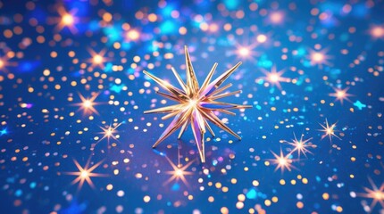 Festive holographic sparkles against a vibrant blue background with a decorative star-shaped element for celebratory themes.