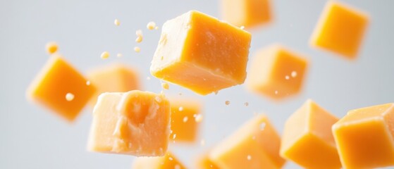 Flying Caramel Cubes with Liquid Splashes.