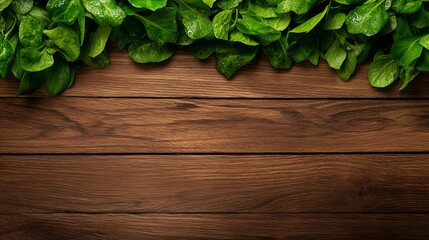 Fototapeta premium Vibrant green leaves atop a rich, dark brown wooden surface. A natural, earthy scene.