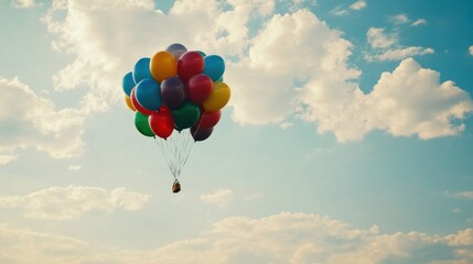 Naklejka premium Colorful Balloon Ascension: A Dreamy Flight Through Clouds