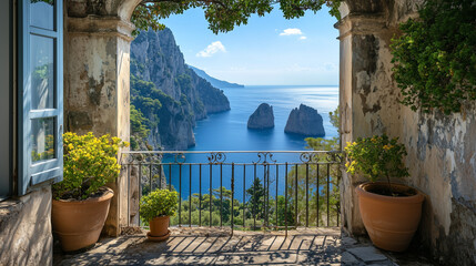Luxurious villa nestled along the breathtaking Amalfi Coast of Italy, with panoramic views of the sparkling Mediterranean Sea and cliffside terraces 