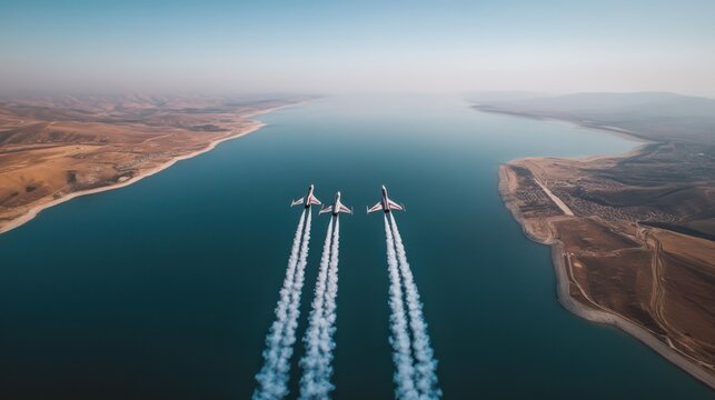 Aerial view of three jets flying over a vast lake and arid landscape. Stunning display of flight formations and breathtaking scenery.