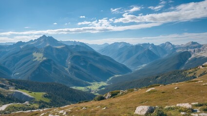 Fototapeta premium Panoramic Mountain Landscape Under Clear Blue Sky Ideal For Nature Themes And Text Overlay