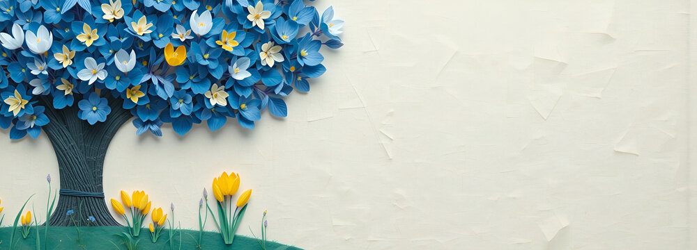 illustrazione con composizione a tema floreale, fioriture primaverili in stile collage