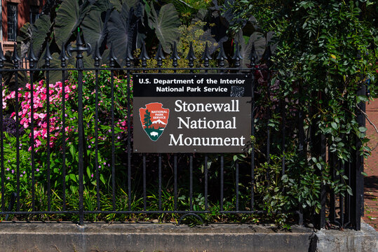Sign with information about the NPS Stonewall Monument, located in Christopher Park, near the Stonewall Inn,  site of the 1969 LGBTQ uprising against police.  Sept. 9, 2019. 