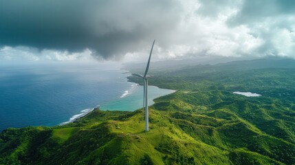Coastal wind turbine generating clean energy, hillside, ocean view
