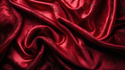 Obraz premium Luxurious dark red silk fabric texture showcasing elegant waves and folds ideal for backgrounds or textile design projects.
