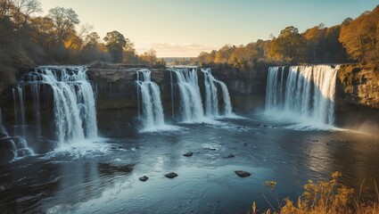 Fototapeta premium Majestic Four Falls Waterfall in Long Exposure Captured on a Bright Morning with Tranquil Water Flow and Ample Space for Text Overlay