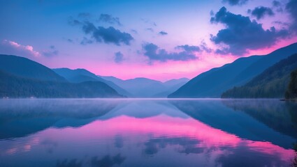 Fototapeta premium Twilight over tranquil mountain lake with vivid pink and purple reflections, soft clouds in the sky creating a serene and picturesque landscape.