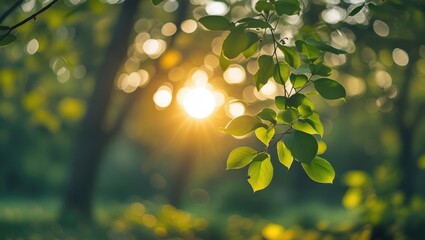 Obraz premium Soft sunlight filtering through blurred green leaves in a forest, creating a serene bokeh background with warm evening tones and natural ambiance.