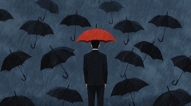 A lone figure in a suit stands under a red umbrella amidst a sea of black umbrellas, symbolizing individuality in a conformist world.