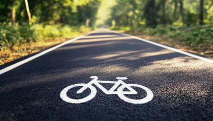 A dedicated bicycle lane with a white bike symbol on grey asphalt, leading into the distance. The perspective emphasizes road safety and cycling infrastructure.