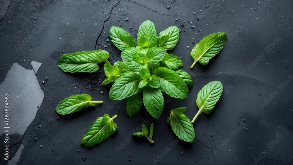 Poster fresh green mint leaves arranged on dark concrete surface with space for text in culinary or aromati