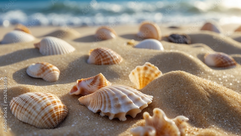 Aufkleber golden sand beach with assorted seashells scattered on the shore and gentle waves in the background 