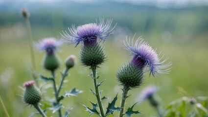 Obraz premium Vibrant Flowering Milk Thistle Blossoms in a Blurred Green Meadow Landscape on a Bright Sunny Day