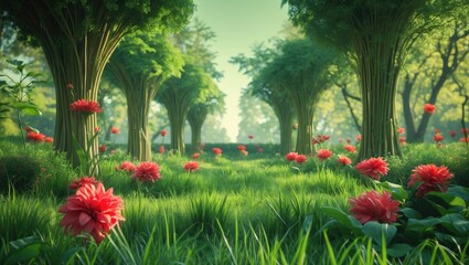 Obraz premium Vibrant Green Park with Red Flowers and Lush Grass Scenic Background Ideal for Text Overlay or Nature-Themed Projects