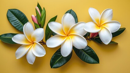 Naklejka premium Frangipani Flowers with Lush Green Leaves on Vibrant Yellow Background Perfect for Summer Designs and Natural Beauty Themes