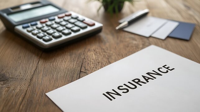 A calculator and documents on a wooden desk, focusing on an insurance form, symbolizing financial planning and insurance services.