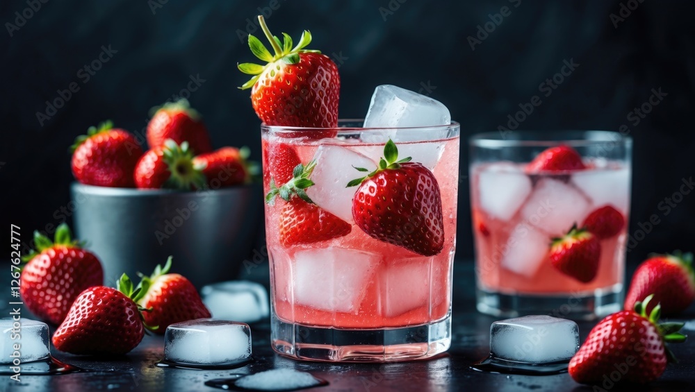 Poster Refreshing Strawberry Beverage Garnished with Fresh Berries and Ice Cubes Against a Dark Background with Space for Text or Branding