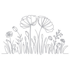 Poppy flowers in continuous line art drawing style Vector silhouette illustration design black and white art 