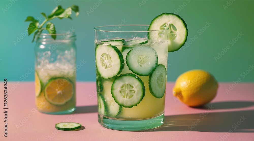 Poster Refreshing cucumber lemonade served with mint on vibrant background perfect for summer drinks and healthy lifestyle promotions.