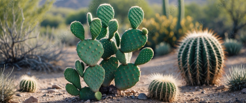 Poster Vibrant Green Cacti in a Desert Landscape with Natural Background and Copy Space for Text Display