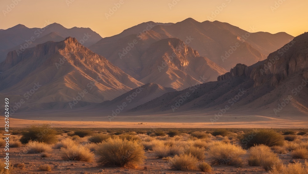 Poster golden desert landscape with majestic mountains under a bright sunset and open space for text integr