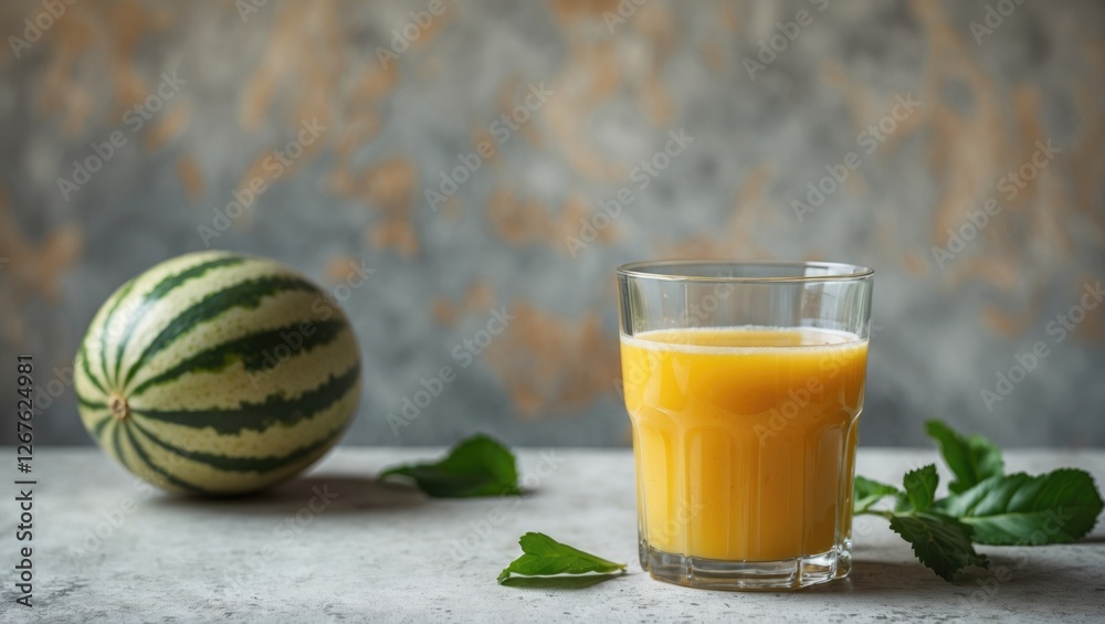 Poster fresh melon juice in a glass with whole melon and mint leaves on a textured background ideal for bev