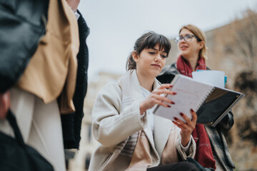 Three businesswomen collaboratively review notes and documents in a professional outdoor setting....