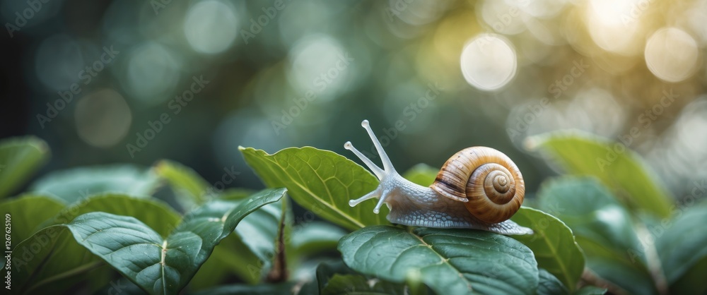 Poster Snail on Green Leaves with Soft Bokeh Background in Nature Showing Serenity and Peaceful Environment