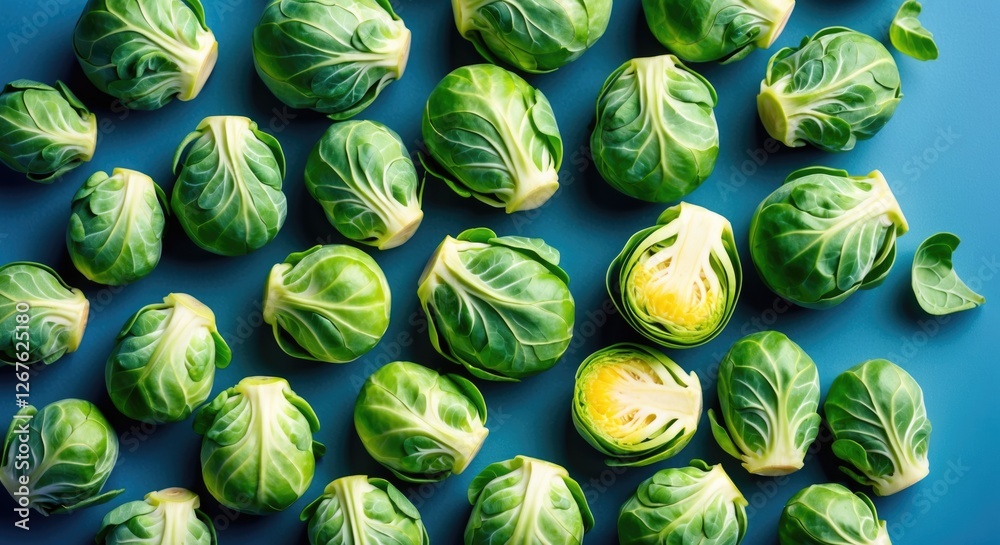 Poster fresh and vibrant brussels sprouts displayed on a blue background showcasing their intricate texture