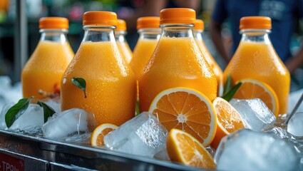 Refreshing Bottles of Fresh Orange Juice on Ice at a Local Street Food Market with Slices of Orange and Green Leaves in Focus