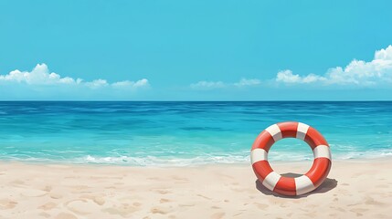 Naklejka premium A vibrant beach scene featuring a lifebuoy resting on sandy shores, with a clear blue sky and calm ocean waves in the background.