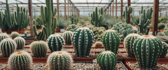 Fototapeta premium Vibrant Cactus Nursery with Diverse Varieties and Ample Space for Custom Text or Advertisements in a Greenhouse Setting