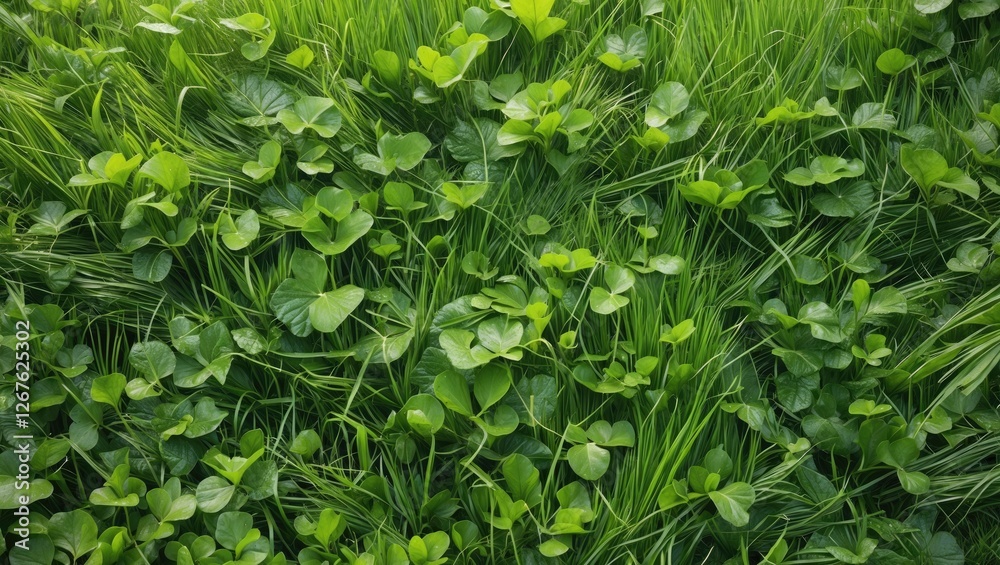 Poster vibrant green lawn with lush grass and clovers ideal for natural background and text placement in de