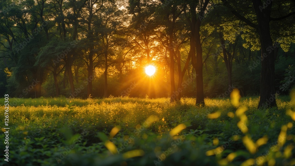 Aufkleber Sunlight Filtering Through Trees In Lush Green Forest Creating A Serene Natural Landscape During Golden Hour