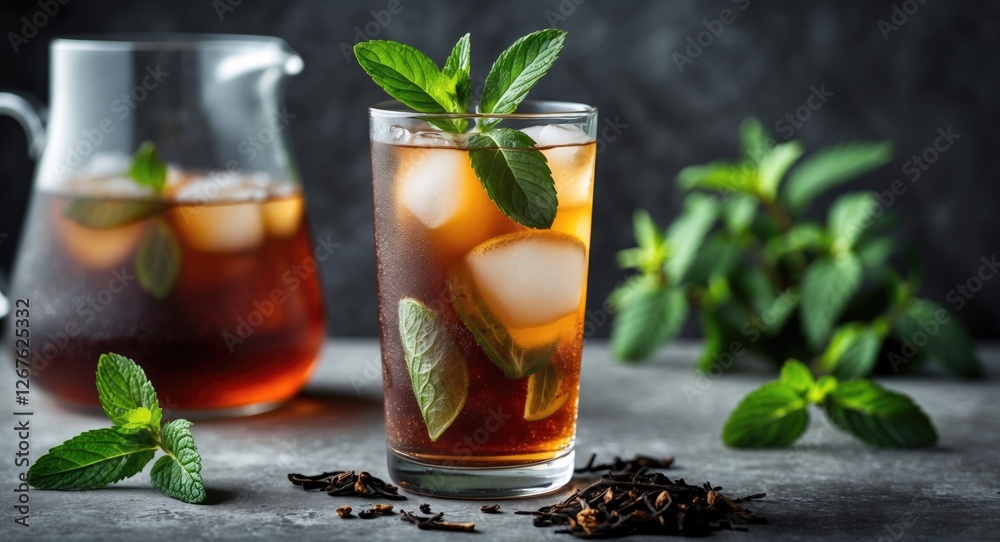 Poster refreshing iced tea with mint and ice cubes, paired with a pitcher and mint leaves, featuring ample 