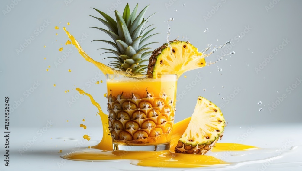 Aufkleber Pineapple juice splash with fresh pineapple slices on white background showcasing vibrant colors and empty space for text or branding.