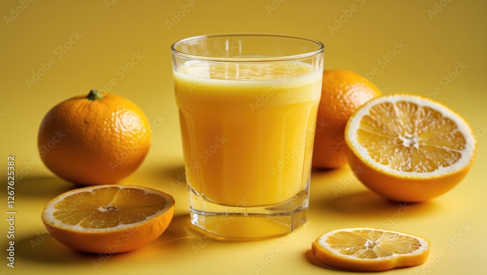 Poster freshly squeezed orange juice in glass surrounded by citrus fruits on vibrant yellow background idea