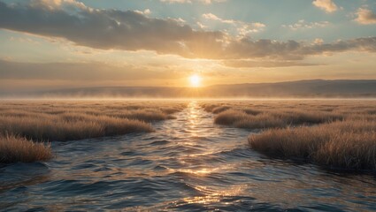 Serene Landscape at Sunrise Over Water with Lush Grasses and Copy Space for Environmental Themes or Messages