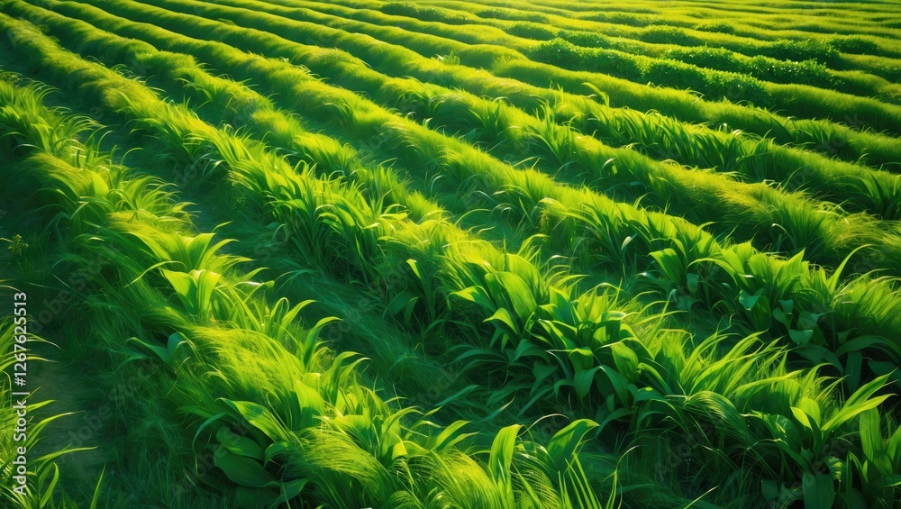 Poster Vibrant Green Fields Captured Aerially Showcasing Lush Vegetation and Symmetrical Pattern of Rows in Sunlit Environment