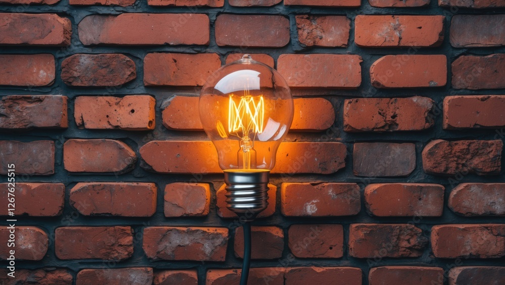 Poster illuminated vintage light bulb glowing against rustic red brick wall creating a warm and inviting at